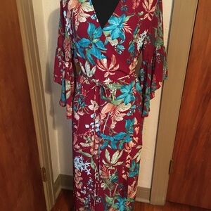 Umgee Floral Design Wrap Ruffled 3/4 Sleeve Dress